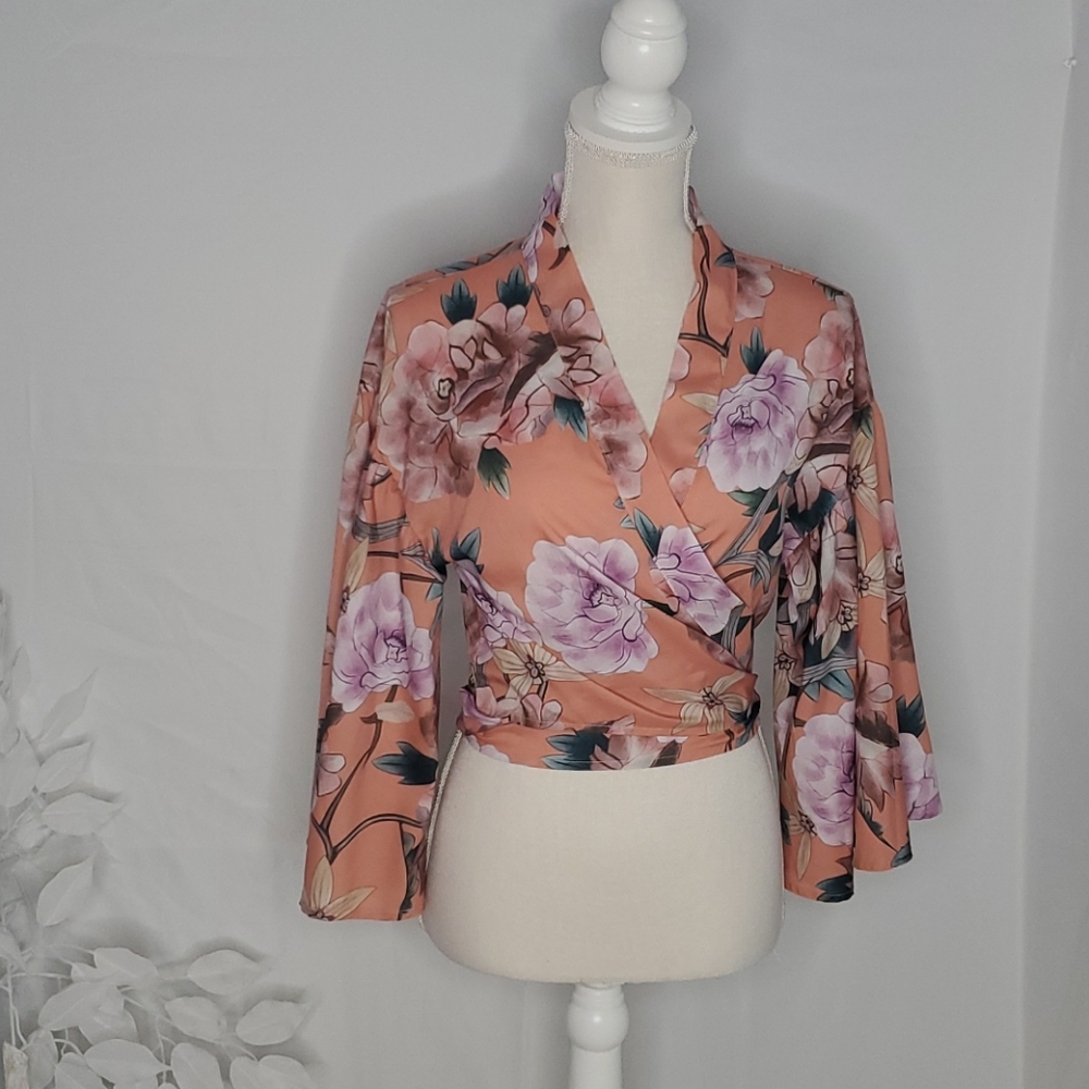 Floral chriscross tie up blouse